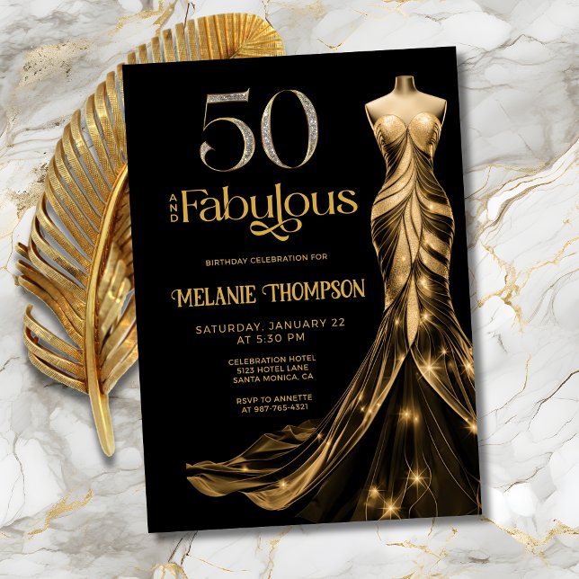 Invitación Fifty and Fabulous Gold Dress Black 50th Birthday (Fifty and Fabulous Elegant Gold Dress Black 50th Birthday Invitation with Gold and Diamond 50.)