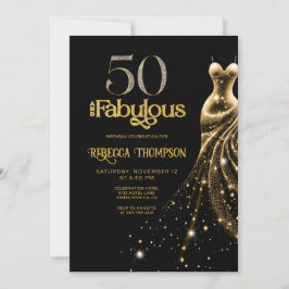 Invitación Fifty and Fabulous Gold Dress Black 50th Birthday