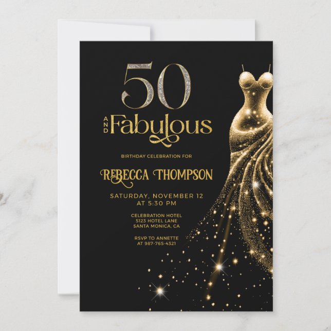 Invitación Fifty and Fabulous Gold Dress Black 50th Birthday (Anverso)