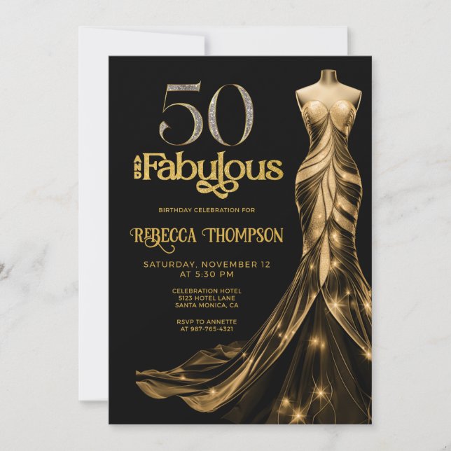 Invitación Fifty and Fabulous Gold Dress Black 50th Birthday (Anverso)