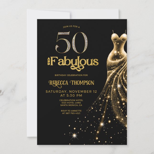 Invitación Fifty and Fabulous Gold Dress Black 50th Birthday (Anverso)