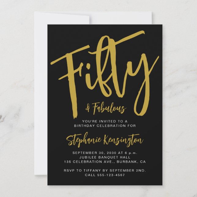 Invitación Fifty and Fabulous Gold Script 50th Birthday Party (Anverso)
