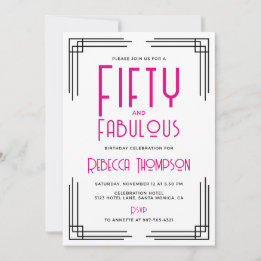 Invitación Fifty and Fabulous Hot Pink Art Deco 50th Birthday