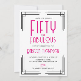 Invitación Fifty and Fabulous Hot Pink Art Deco 50th Birthday