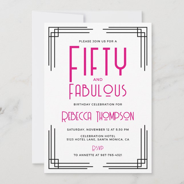 Invitación Fifty and Fabulous Hot Pink Art Deco 50th Birthday (Anverso)