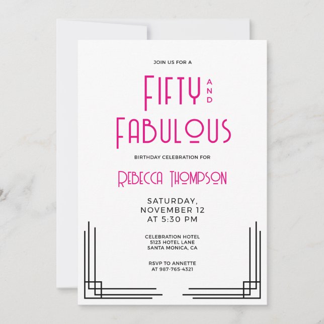 Invitación Fifty and Fabulous Hot Pink Art Deco 50th Birthday (Anverso)
