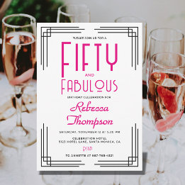 Invitación Fifty and Fabulous Hot Pink Art Deco 50th Birthday