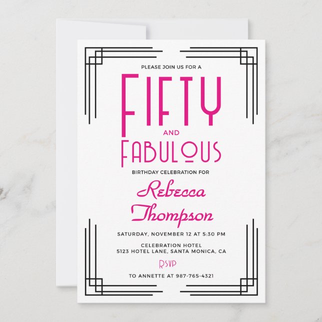 Invitación Fifty and Fabulous Hot Pink Art Deco 50th Birthday (Anverso)