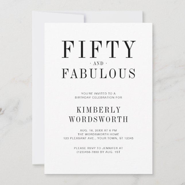 Invitación Fifty and Fabulous Minimal 50th Birthday Party (Anverso)