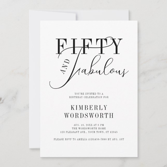 Invitación Fifty and Fabulous Minimal Script 50th Birthday (Anverso)