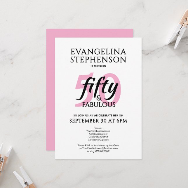 Invitación Fifty and Fabulous Modern Pink White 50th Birthday (Anverso/Reverso In Situ)