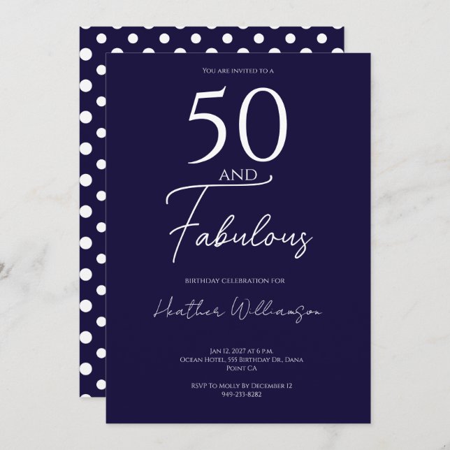 Invitación Fifty and Fabulous Navy 50th Birthday Party (Anverso / Reverso)