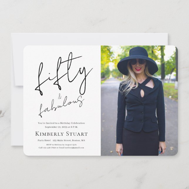 Invitación Fifty and Fabulous Photo 50th Script Birthday (Anverso)