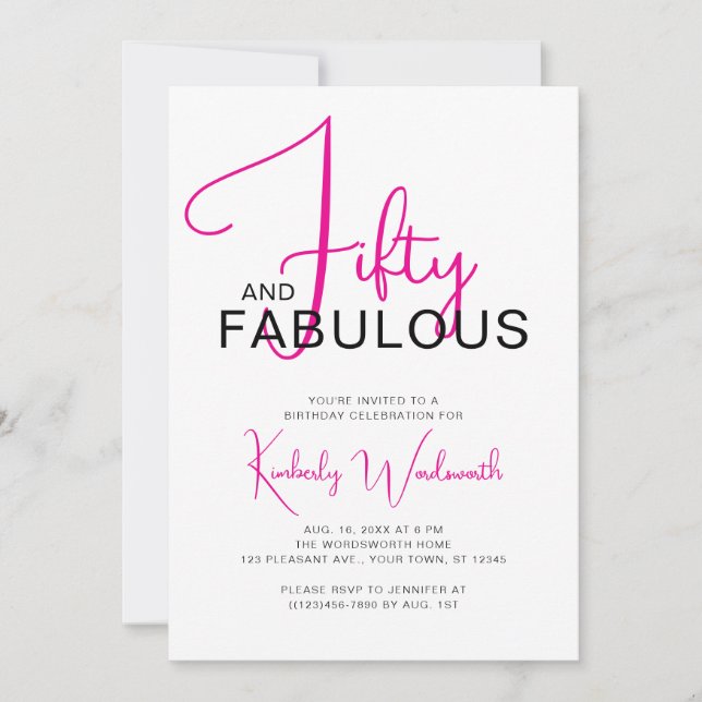 Invitación Fifty and Fabulous Pink 50th Birthday Party (Anverso)