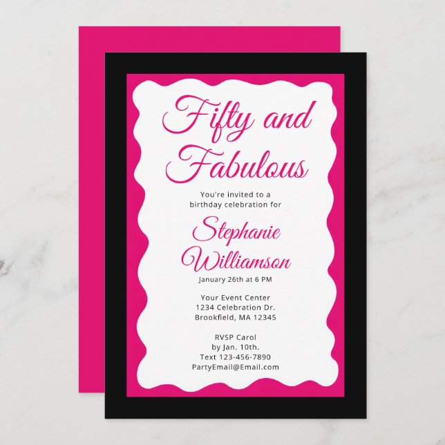 Invitación Fifty and Fabulous Pink and Black Script (Anverso / Reverso)