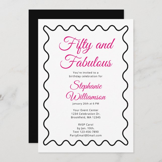 Invitación Fifty and Fabulous Pink and Black Script (Anverso / Reverso)