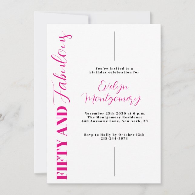Invitación Fifty and Fabulous Pink Black 50th Birthday Party  (Anverso)