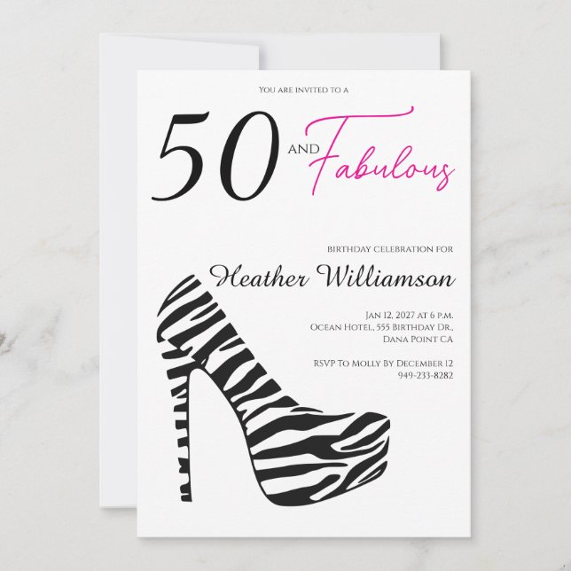 Invitación Fifty and Fabulous Pink Black 50th Birthday Party  (Anverso)