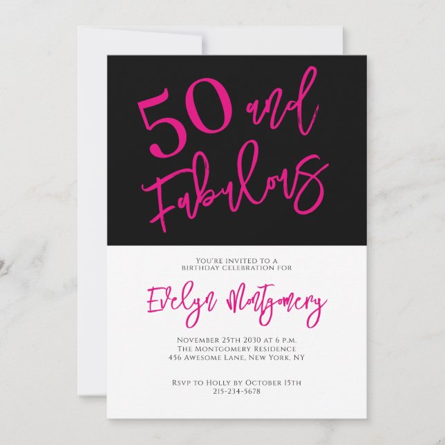 Invitación Fifty and Fabulous Pink Black 50th Birthday Party  (Anverso)