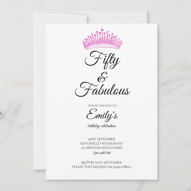 Invitación Fifty and Fabulous Pink Crown Birthday (Anverso)