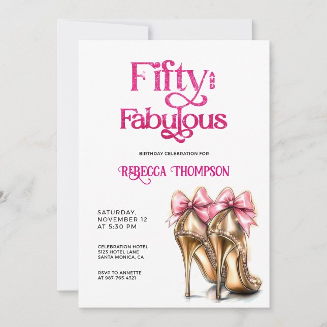Invitación Fifty and Fabulous Pink Gold Heels 50th Birthday (Anverso)