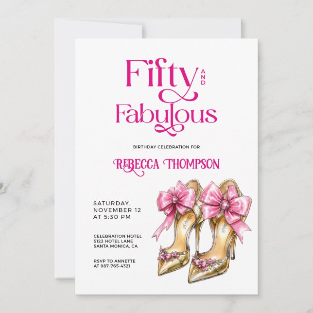 Invitación Fifty and Fabulous Pink Gold Heels 50th Birthday (Anverso)