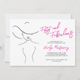 Invitación Fifty and Fabulous Pink Line Art Birthday Party 