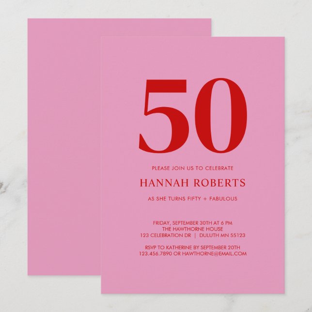 Invitación Fifty and Fabulous Pink Red 50th Birthday Party (Anverso / Reverso)