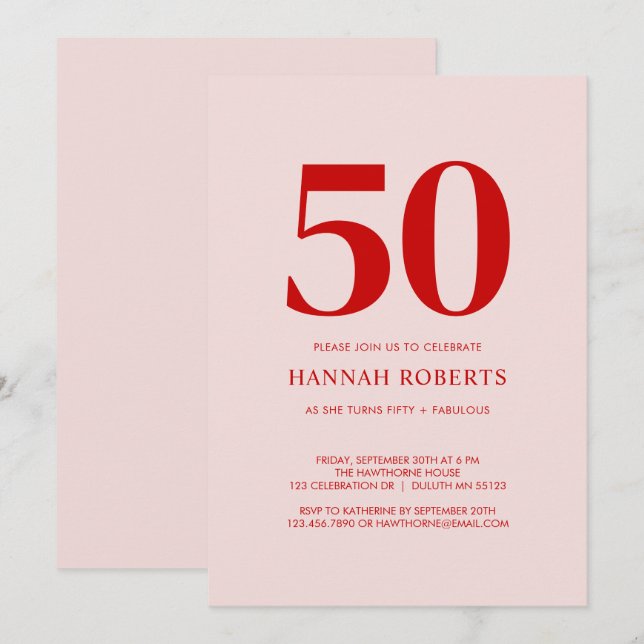 Invitación Fifty and Fabulous Pink Red 50th Birthday Party (Anverso / Reverso)