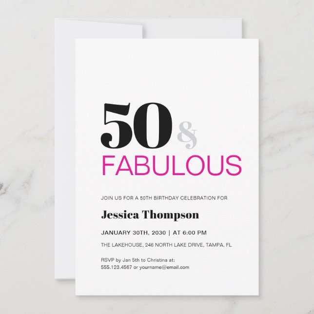 Invitación Fifty and Fabulous Pink Typography 50 Birthday (Anverso)