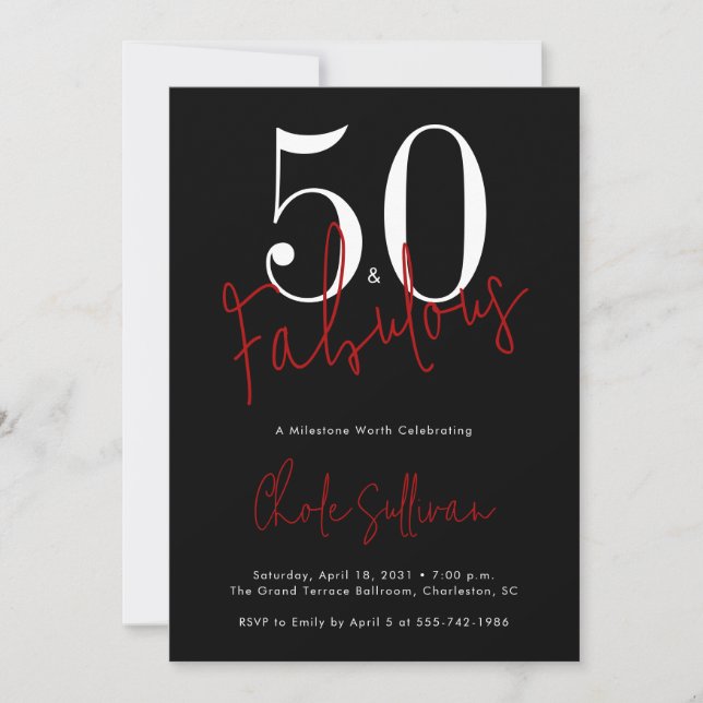 Invitación Fifty and Fabulous Red Black 50th Birthday Party (Anverso)