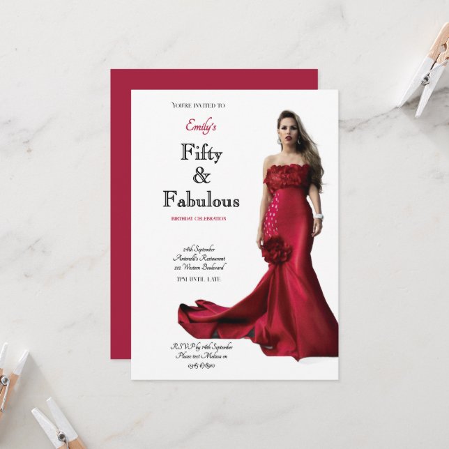 Invitación Fifty and Fabulous Red Dress Script Birthday (Anverso/Reverso In Situ)