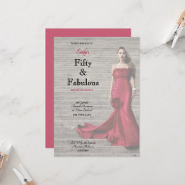 Invitación Fifty and Fabulous Red Dress Script Birthday