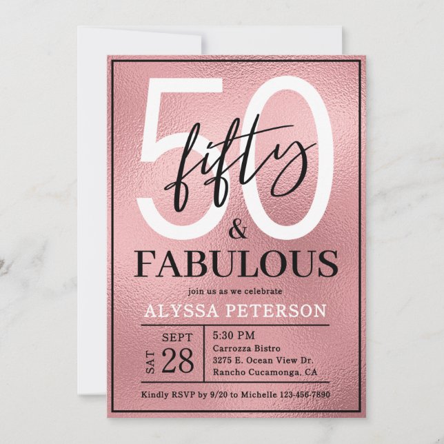 Invitación Fifty and Fabulous Rose Gold Script 50th Birthday (Anverso)
