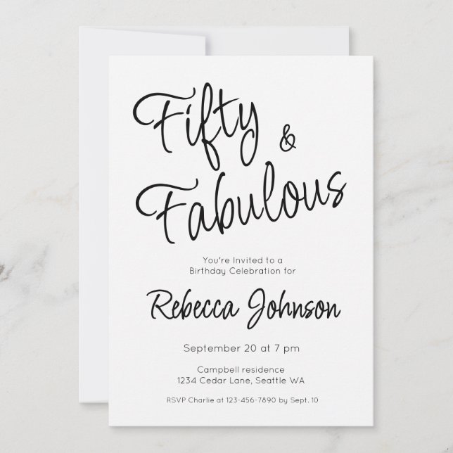Invitación Fifty and Fabulous Script Black 50th Birthday (Anverso)