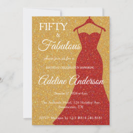 Invitación Fifty and Fabulous Script Gold Red White 50th