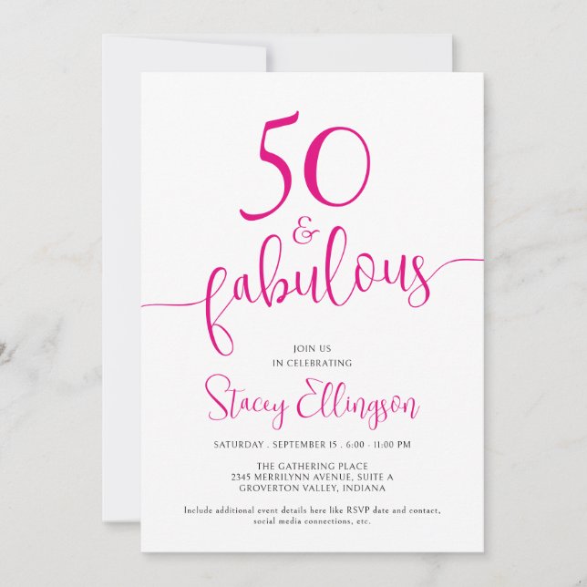 Invitación Fifty and Fabulous Script Pink 50th Birthday Party (Anverso)