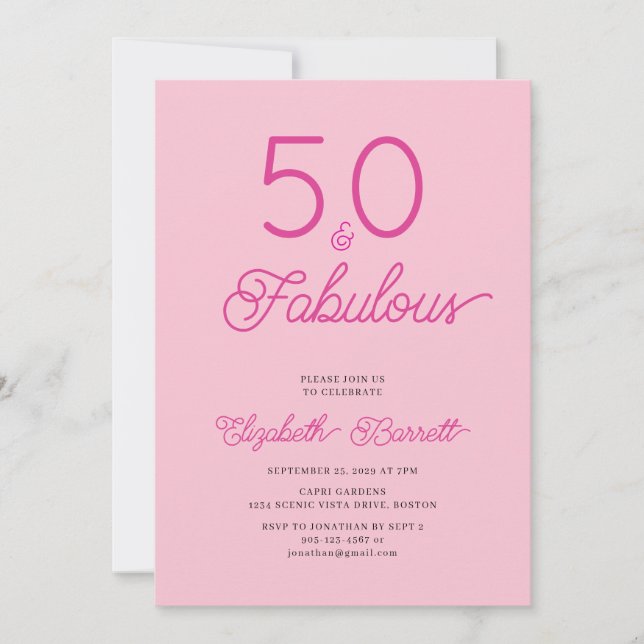 Invitación Fifty and Fabulous Script Pink 50th Birthday Party (Anverso)