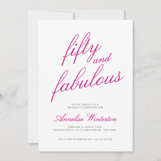 Invitación Fifty and Fabulous Script Pink 50th Birthday Party (Anverso)