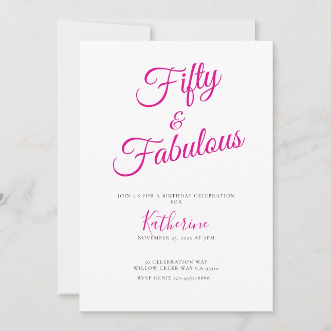 Invitación Fifty and Fabulous Script Pink 50th Birthday Party (Anverso)
