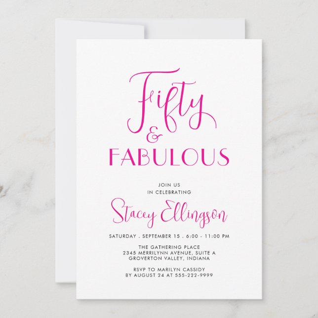 Invitación Fifty and Fabulous Script Pink 50th Birthday Party (Anverso)