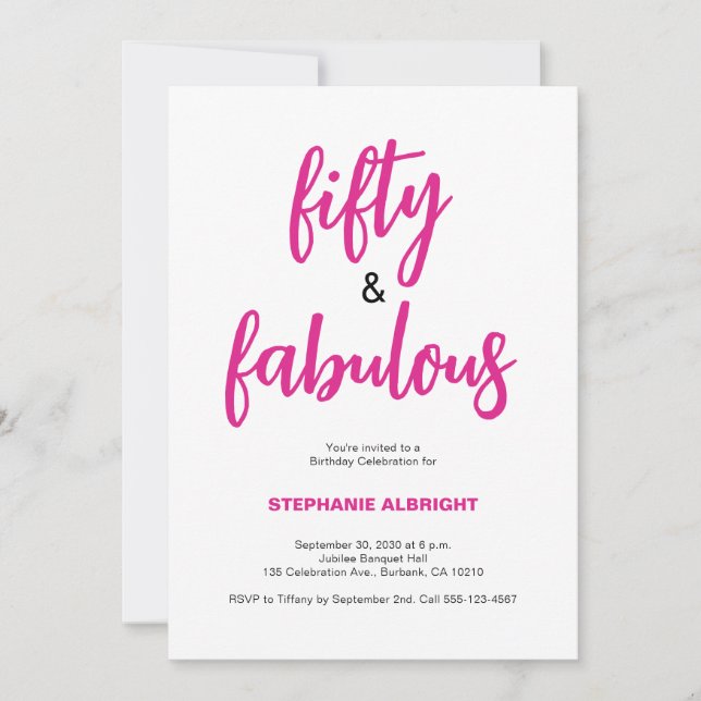 Invitación Fifty and Fabulous Script Pink 50th Birthday Party (Anverso)