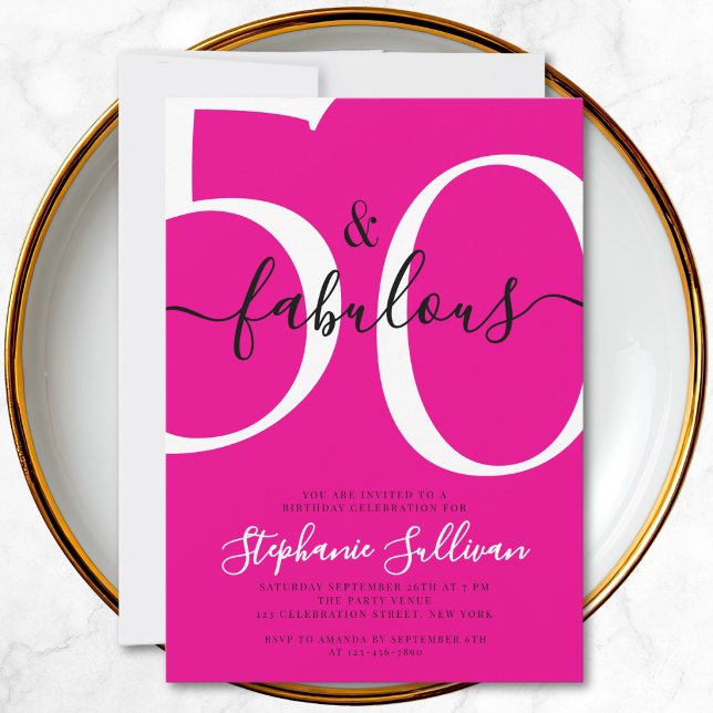 Invitación Fifty and Fabulous Script Pink 50th Birthday Party (Subido por el creador)