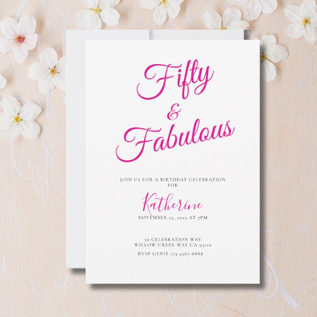 Invitación Fifty and Fabulous Script Pink 50th Birthday Party (Subido por el creador)