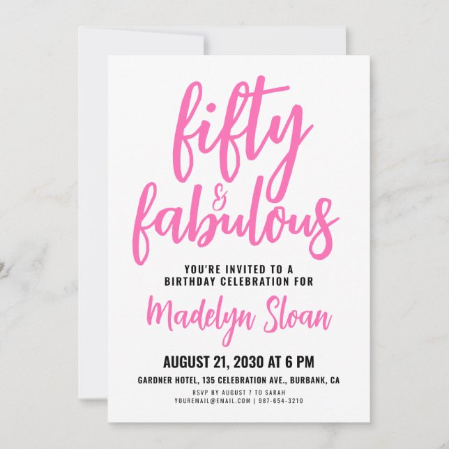 Invitación Fifty and Fabulous Script Pink 50th Birthday Party (Anverso)