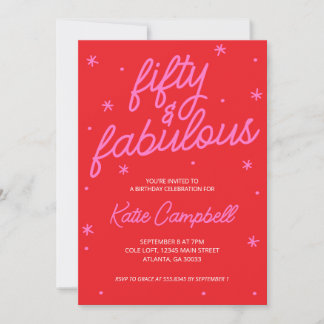 Invitación Fifty and Fabulous Script Pink Red 50th Birthday