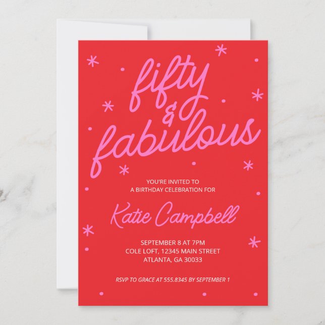 Invitación Fifty and Fabulous Script Pink Red 50th Birthday (Anverso)