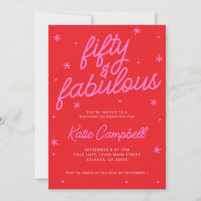 Invitación Fifty and Fabulous Script Pink Red 50th Birthday  (Anverso)