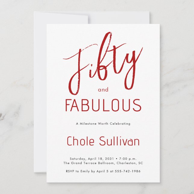 Invitación Fifty and Fabulous Script Red 50th Birthday Party (Anverso)
