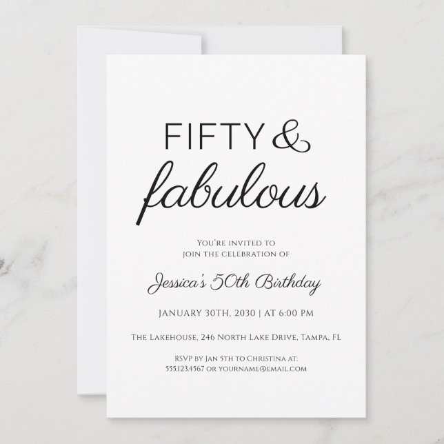 Invitación Fifty and Fabulous Script Text 50th Birthday Party (Anverso)